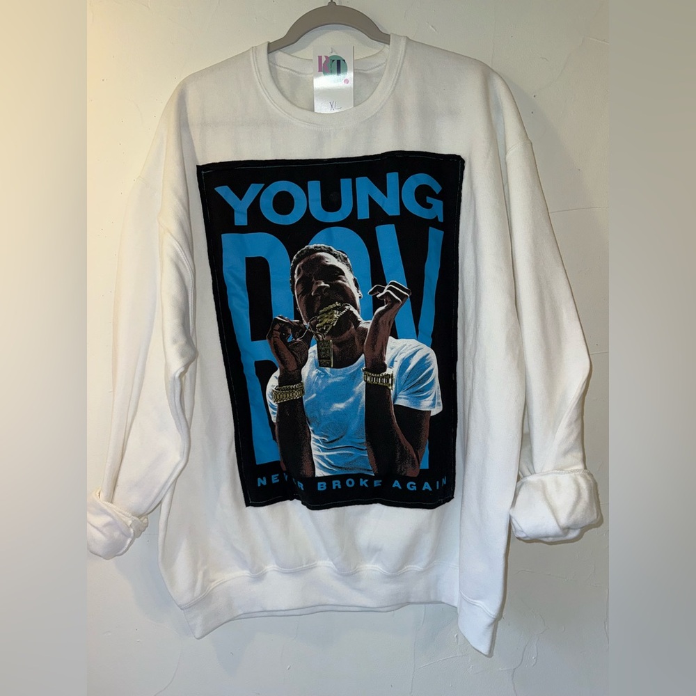 NWT OOAK UPCYCLED NBA YOUNG BOY WHITE SWEATSHIRT SZ XL